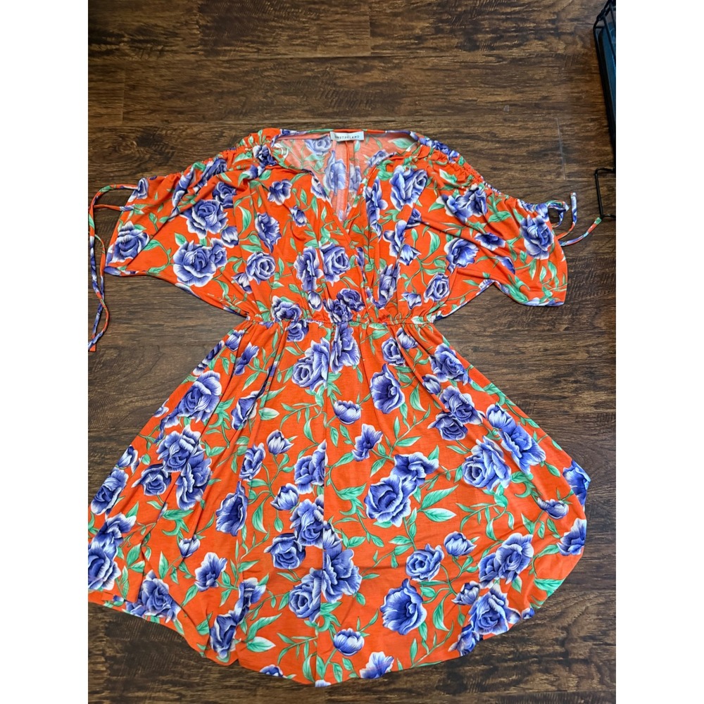 Onetheland Womens Orange Blue Floral Cold Shoulder V-Neck Mini Dress Small